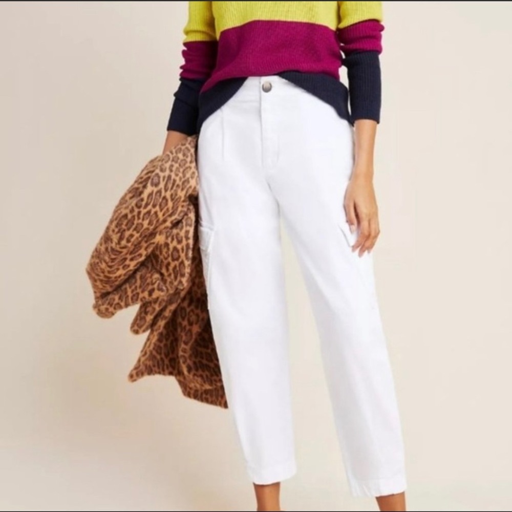NWT Anthropologie AMADI White Tapered Barrel Relaxed Cargo Pocket Pants M